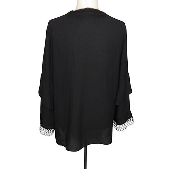 Sioni Black Georgette Flowy Crochet Trimmed V Neck Blouse Size XL - Picture 7 of 7